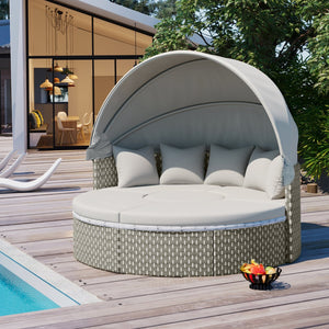 English Elm TOPMAX All-Weather Rattan Round Sectional Daybed with Retractable Canopy, Adjustable Table & Cushions Gray SP100023AAE