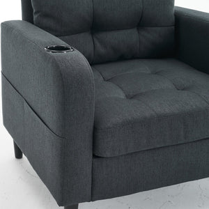 English Elm Dark Gray Tufted Upholstered Armchair with Storage Ottoman, Cup Holders, Side Pocket & Metal Frame W1901P149126