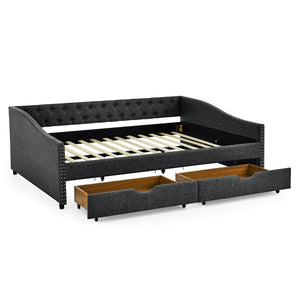 English Elm Queen Upholstery Daybed with Storage Drawers, Tufted Back & Nailhead Arms, 80"x60" Sleeper, 500lb Capacity DARK GREY W1413S00034