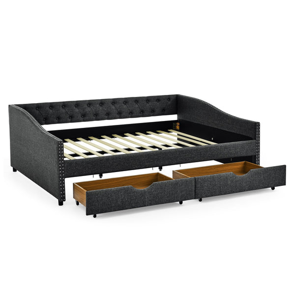 English Elm Queen Upholstery Daybed with Storage Drawers, Tufted Back & Nailhead Arms, 80"x60" Sleeper, 500lb Capacity DARK GREY W1413S00034