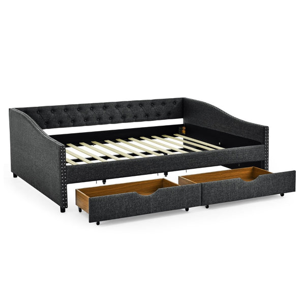 English Elm Queen Upholstered Tufted Daybed Sofa with Storage Drawers and Nailhead Arm Detail Dark Grey W1413S00195