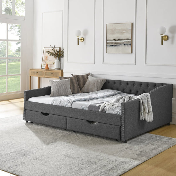 English Elm Queen Upholstery Daybed with Storage Drawers, Tufted Back & Nailhead Arms, 80"x60" Sleeper, 500lb Capacity DARK GREY W1413S00034