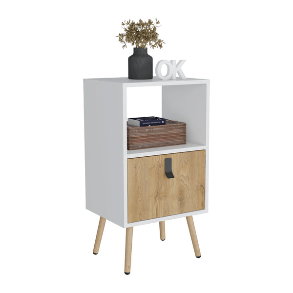 English Elm Tall Nightstand MWM9901 29"H White+Walnut – Modern Pine MDF Nightstand with Drawer, Open Shelf, Durable Finish B097P167469