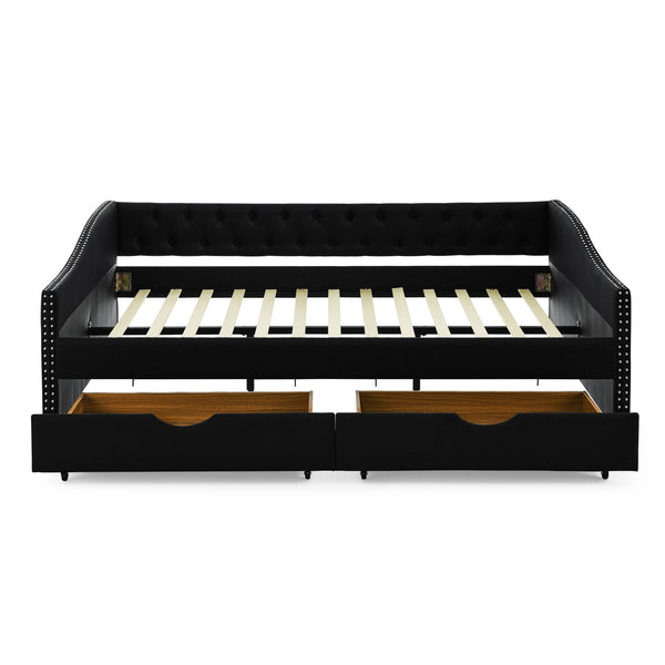 English Elm Queen Upholstery Daybed with Storage Drawers, Tufted Back & Nailhead Arms, 80"x60" Sleeper, 500lb Capacity Black W1413S00033