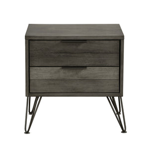 English Elm Contemporary Three-Tone Gray Finish Nightstand Perched Atop Metal Legs Acacia Veneer Modern Bedroom Furniture