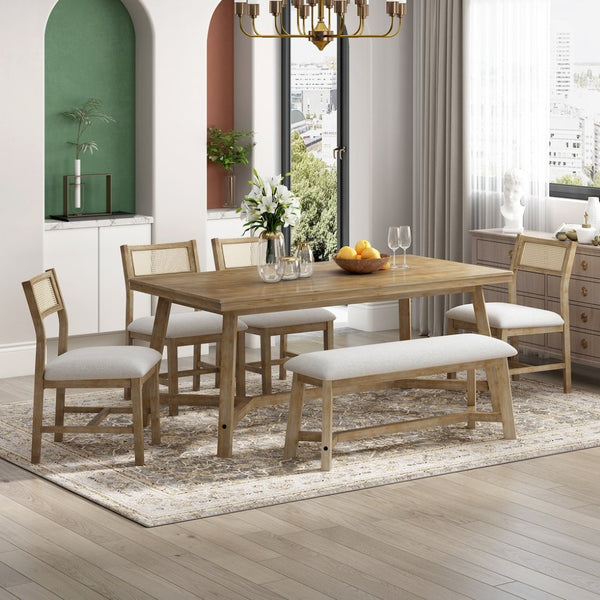 English Elm Trexm Six Seat Farmhouse Dining Set Oak Veneer Table Rattan Chairs Bench Included ST000119AAD