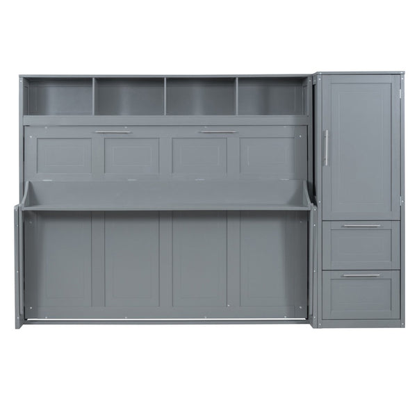English Elm Queen Murphy Wall Bed with Integrated Wardrobe and Drawers for Studio or Guest Room Gray LP000793AAE-1