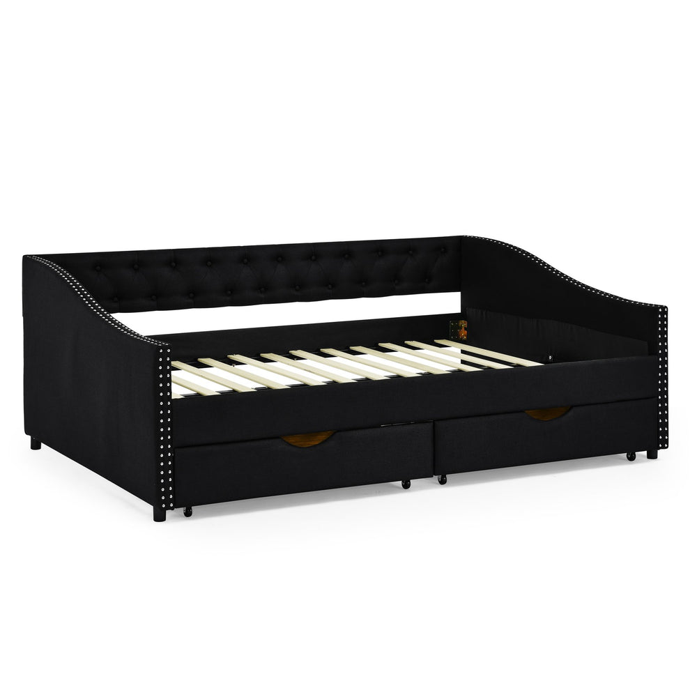 English Elm Full Size Daybed With Drawers - Elegant Upholstered Sofa Bed Featuring Tufted Back & Copper Accents W1413S00031