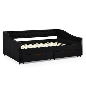 English Elm Full Size Daybed With Drawers - Elegant Upholstered Sofa Bed Featuring Tufted Back & Copper Accents W1413S00031