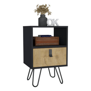 English Elm Nightstand with Hairpin Legs and Drawer, 24"H Black Macadamia, Compact Modern Storage Solution B097P167470