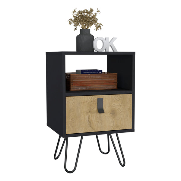 English Elm Nightstand with Hairpin Legs and Drawer, 24"H Black Macadamia, Compact Modern Storage Solution B097P167470