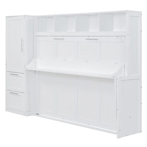 English Elm Full Size Murphy Wall Bed with Wardrobe Drawers Studio Apartment Space Saver LP000792AAK-1