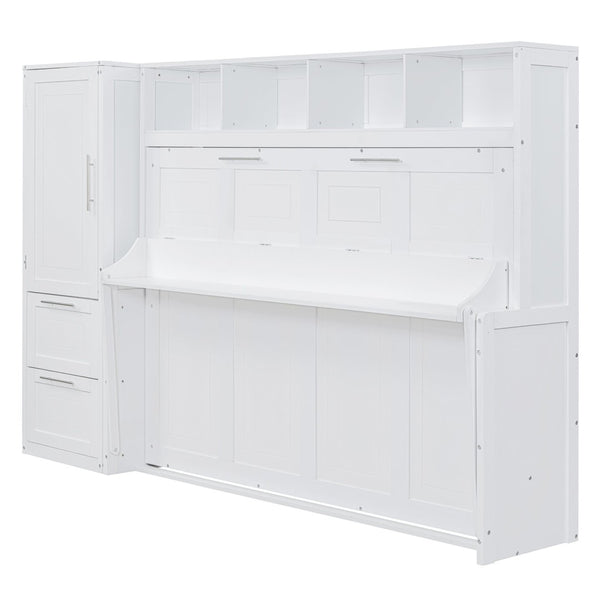 English Elm Full Size Murphy Wall Bed with Wardrobe Drawers Studio Apartment Space Saver LP000792AAK-1