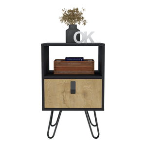 English Elm Nightstand with Hairpin Legs and Drawer, 24"H Black Macadamia, Compact Modern Storage Solution B097P167470