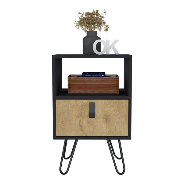 English Elm Nightstand with Hairpin Legs and Drawer, 24"H Black Macadamia, Compact Modern Storage Solution B097P167470
