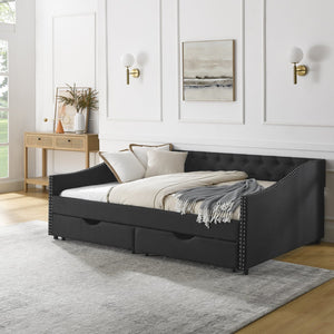 English Elm Full Size Daybed With Drawers - Elegant Upholstered Sofa Bed Featuring Tufted Back & Copper Accents W1413S00031