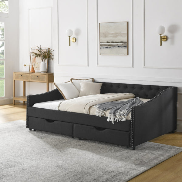 English Elm Full Size Daybed With Drawers - Elegant Upholstered Sofa Bed Featuring Tufted Back & Copper Accents W1413S00031