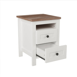 English Elm 2-Drawer Farmhouse Nightstand with Spacious Storage, Weathered White-Brown Wood Side Table, Durable Elegance WF317945AAK
