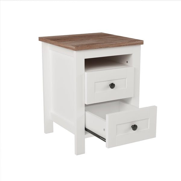 English Elm 2-Drawer Farmhouse Nightstand with Spacious Storage, Weathered White-Brown Wood Side Table, Durable Elegance WF317945AAK
