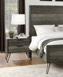 English Elm Contemporary Three-Tone Gray Finish Nightstand Perched Atop Metal Legs Acacia Veneer Modern Bedroom Furniture