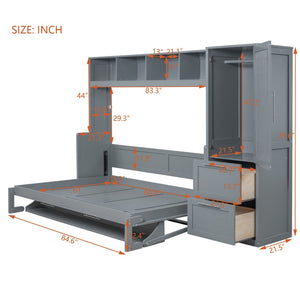 English Elm Queen Murphy Wall Bed with Integrated Wardrobe and Drawers for Studio or Guest Room Gray LP000793AAE-1
