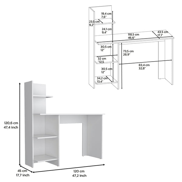 English Elm Writing Desk with Four Shelves in White Pine – 47" Wide Compact Modern Workstation for Monitors and Laptops B097P167448
