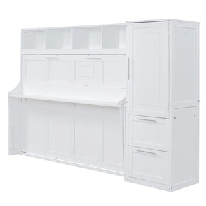 English Elm Queen Murphy Wall Bed with Integrated Wardrobe and Drawers for Studio or Guest Room White LP000793AAK-1