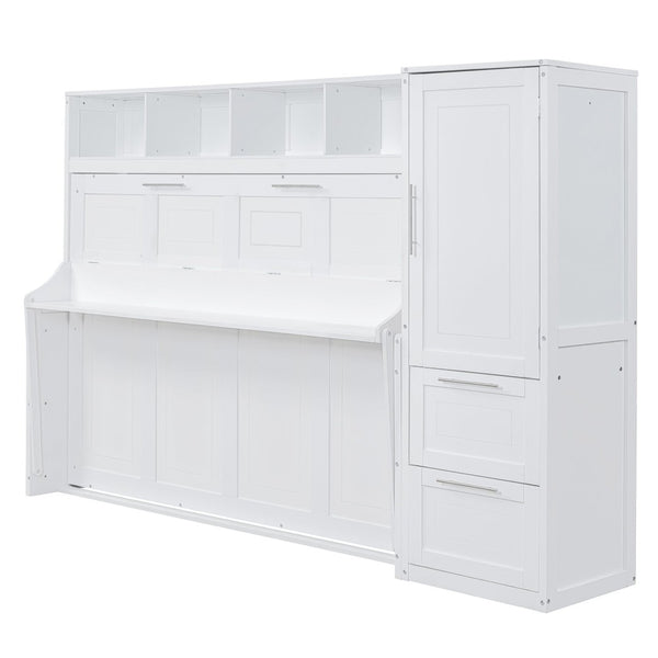 English Elm Queen Murphy Wall Bed with Integrated Wardrobe and Drawers for Studio or Guest Room White LP000793AAK-1