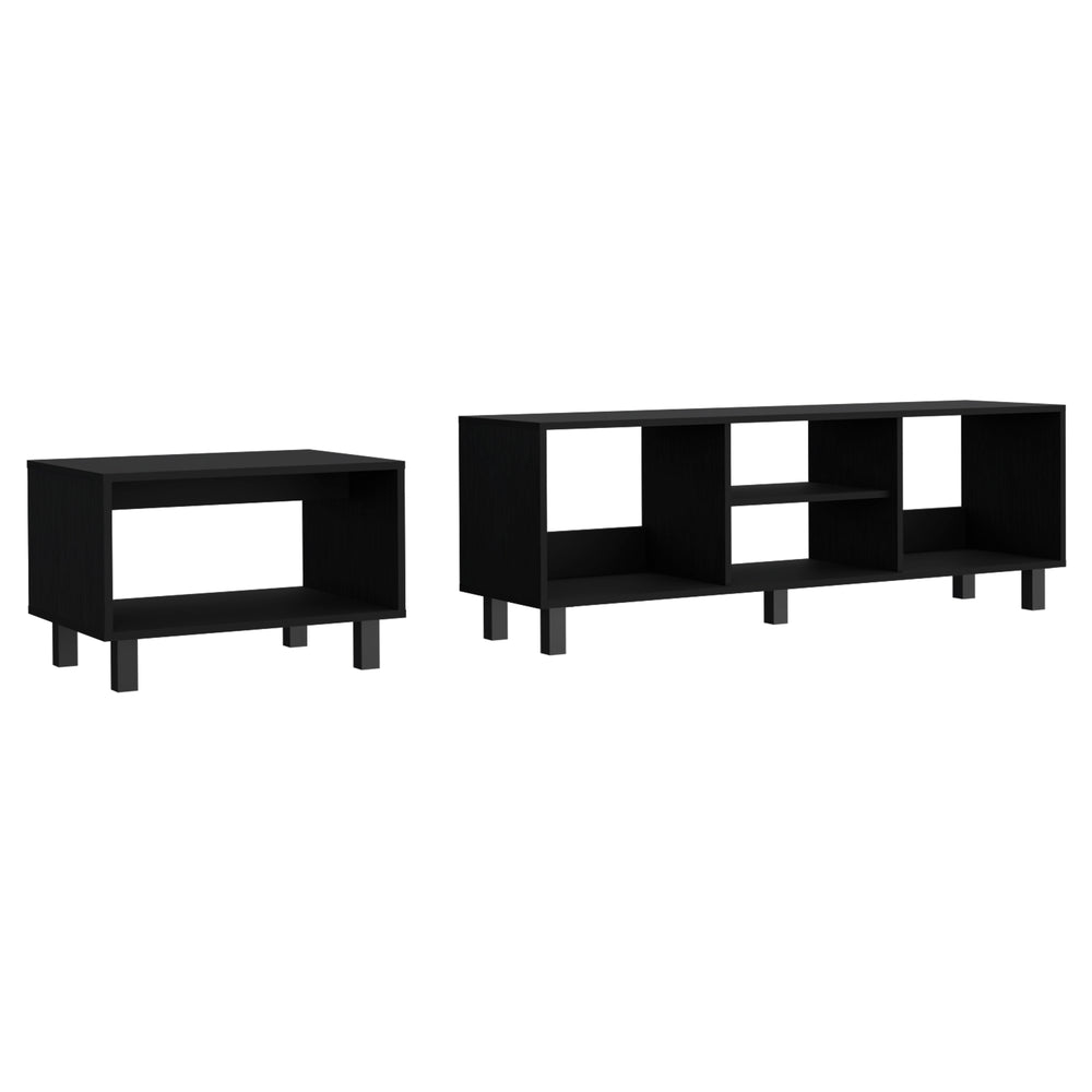 English Elm Carter Streamlined 2-Piece Living Room Set with TV Stand & Coffee Table, Black Pine, Steel Legs B097P167460