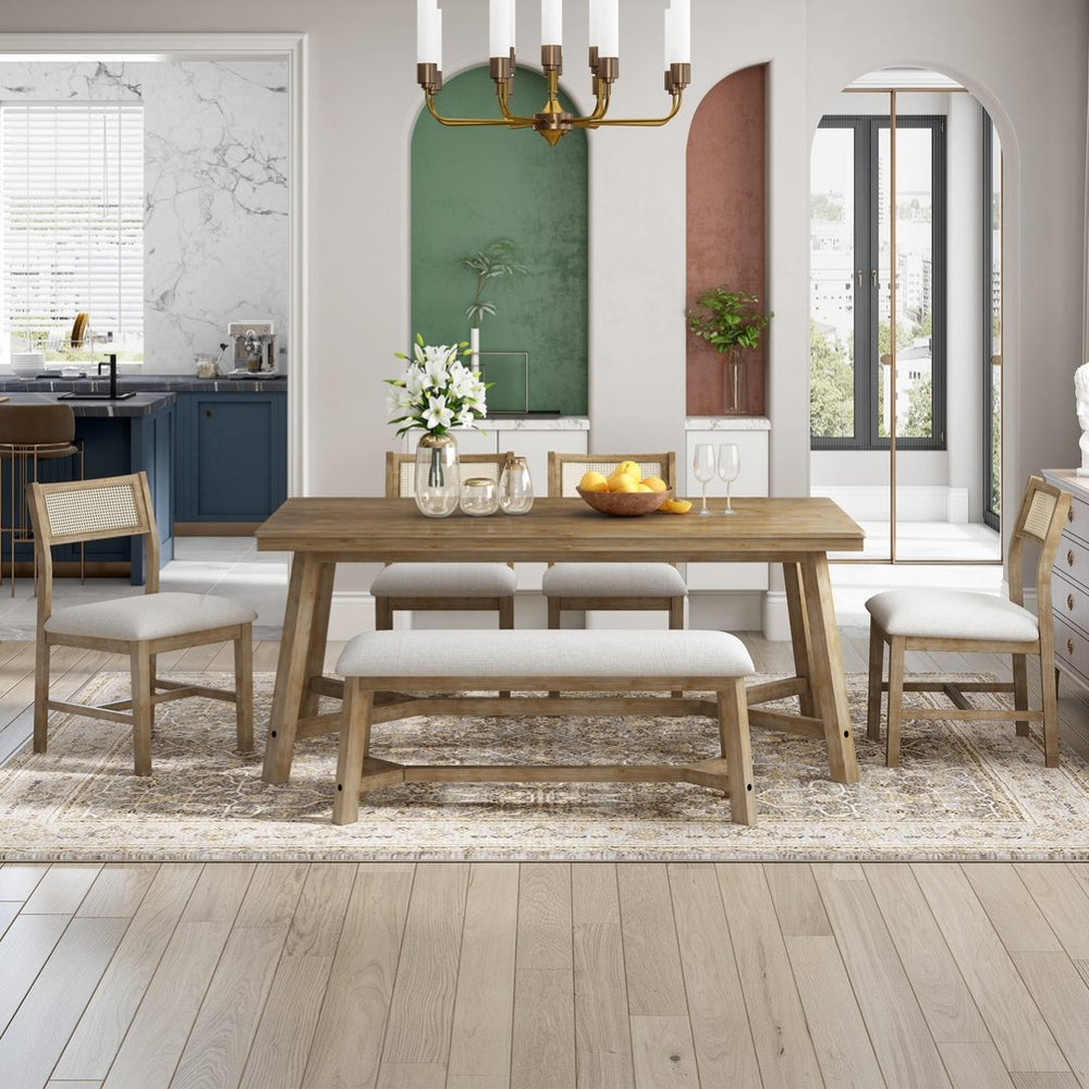 English Elm Trexm Six Seat Farmhouse Dining Set Oak Veneer Table Rattan Chairs Bench Included ST000119AAD