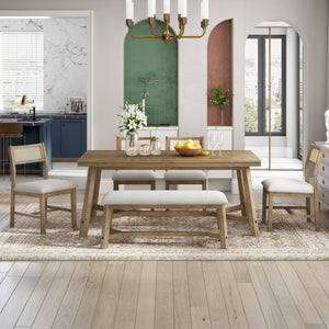 English Elm Trexm Six Seat Farmhouse Dining Set Oak Veneer Table Rattan Chairs Bench Included ST000119AAD