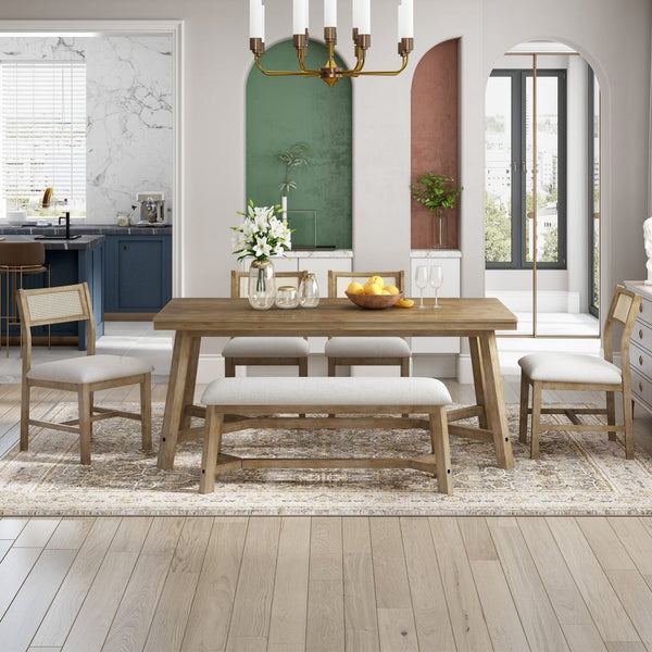 English Elm Trexm Six Seat Farmhouse Dining Set Oak Veneer Table Rattan Chairs Bench Included ST000119AAD