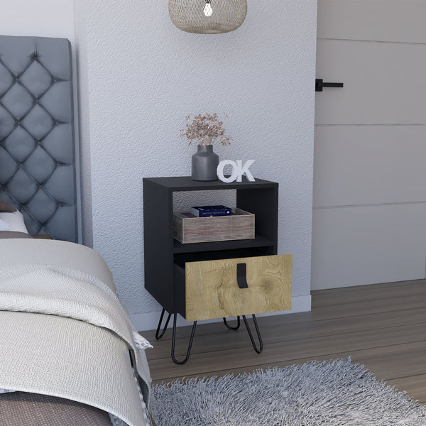 English Elm Nightstand with Hairpin Legs and Drawer, 24"H Black Macadamia, Compact Modern Storage Solution B097P167470