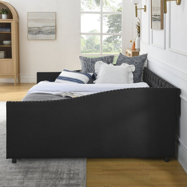 English Elm Queen Upholstered Tufted Daybed Sofa with Storage Drawers and Nailhead Arm Detail Black W1413S00194