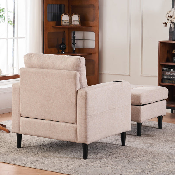 English Elm Beige Tufted Upholstered Armchair with Storage Ottoman, Cup Holders & Side Pocket for Living Space W1901P149127