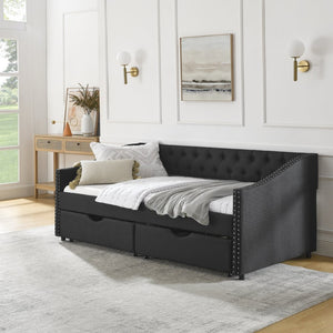 English Elm Twin Size Daybed With Storage Drawers, Upholstered Tufted Sofa Bed, Elegant Copper Nailhead Trim W1413S00029-GIGA