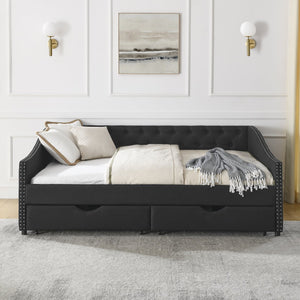 English Elm Full Size Daybed With Drawers - Elegant Upholstered Sofa Bed Featuring Tufted Back & Copper Accents W1413S00031