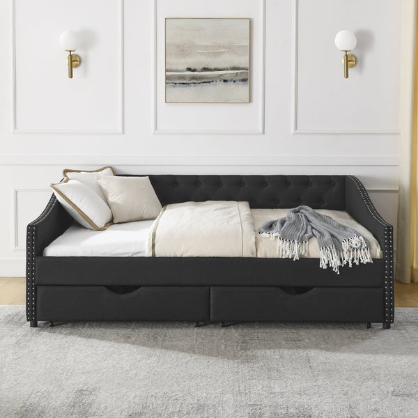 English Elm Full Size Daybed With Drawers - Elegant Upholstered Sofa Bed Featuring Tufted Back & Copper Accents W1413S00031