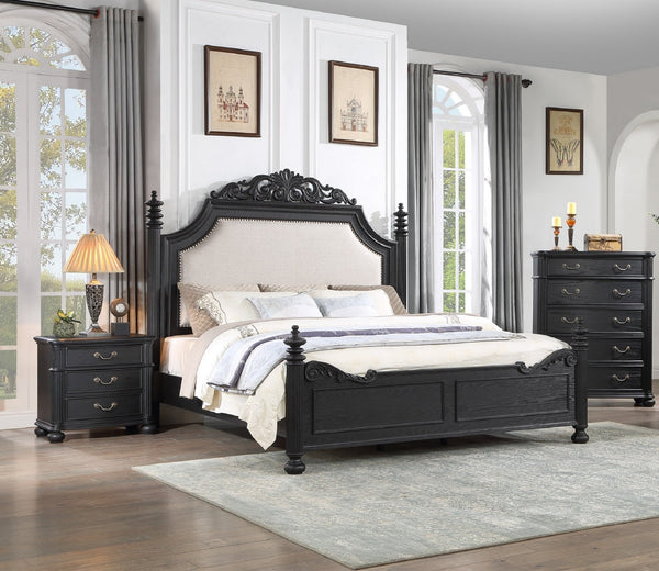 English Elm 1pc Vintage 3-Drawer Nightstand Black Gray Finish — Spacious Wooden Bedroom Storage with Metal Hardware B011P167817