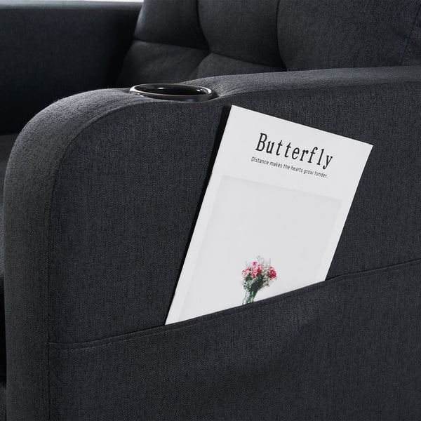 English Elm Dark Gray Tufted Upholstered Armchair with Storage Ottoman, Cup Holders, Side Pocket & Metal Frame W1901P149126