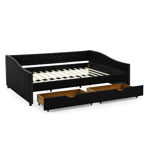 English Elm Queen Upholstery Daybed with Storage Drawers, Tufted Back & Nailhead Arms, 80"x60" Sleeper, 500lb Capacity Black W1413S00033