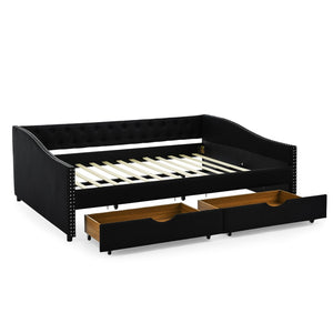 English Elm Queen Upholstered Tufted Daybed Sofa with Storage Drawers and Nailhead Arm Detail Black W1413S00194