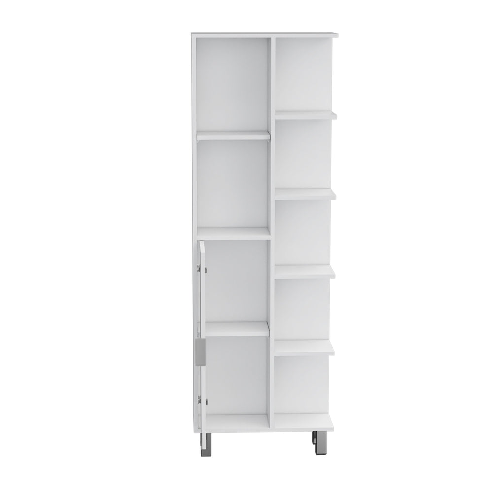 English Elm Mott 63" Linen Bathroom Cabinet in White — Slim 7-Shelf Storage, Pine Finish, Drawer & Door, 20.9"W B097P167431
