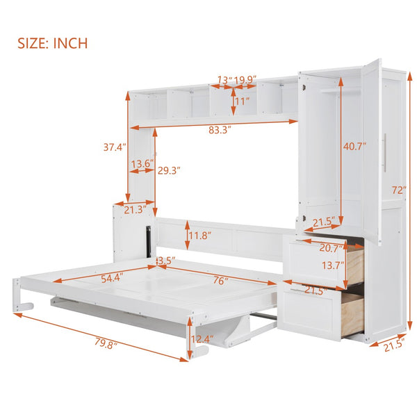 English Elm Full Size Murphy Wall Bed with Wardrobe Drawers Studio Apartment Space Saver LP000792AAK-1