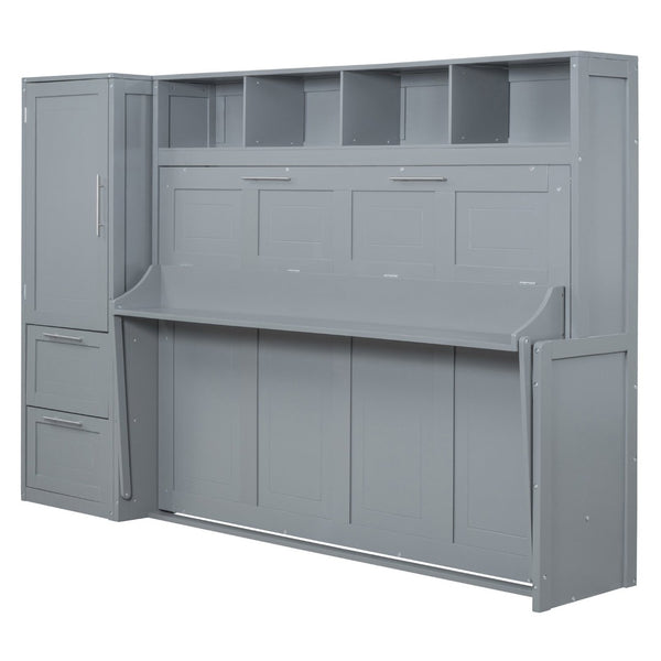 English Elm Queen Murphy Wall Bed with Integrated Wardrobe and Drawers for Studio or Guest Room Gray LP000793AAE-1