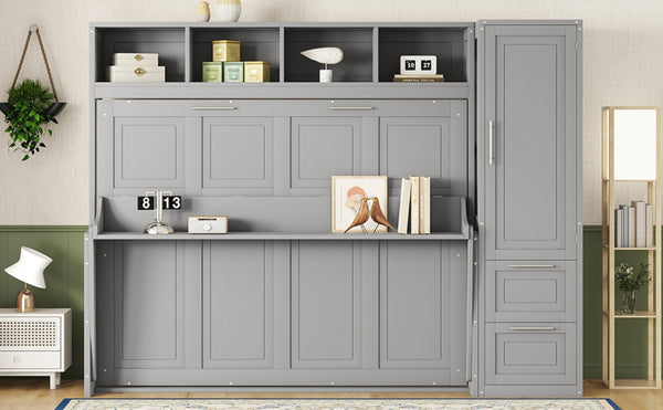 English Elm Queen Murphy Wall Bed with Integrated Wardrobe and Drawers for Studio or Guest Room Gray LP000793AAE-1