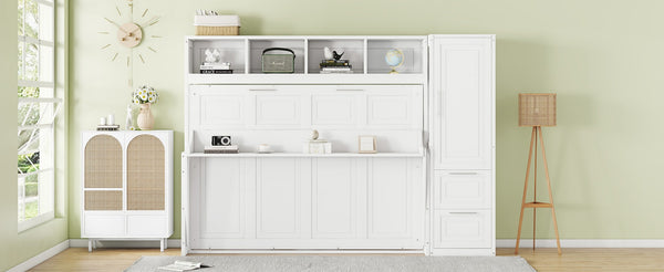 English Elm Full Size Murphy Wall Bed with Wardrobe Drawers Studio Apartment Space Saver LP000792AAK-1