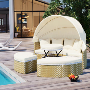 English Elm TOPMAX All-Weather Rattan Round Sectional Daybed with Retractable Canopy, Adjustable Table & Cushions Beige SP100023AAA