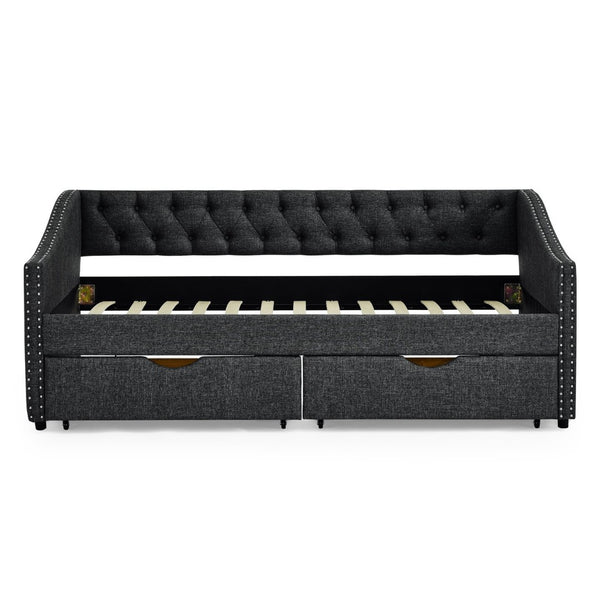 English Elm Twin Size Daybed With Stylish Drawers, Upholstered Tufted Design, Copper Nailhead Trim & Comfort Support W1413S00030-GIGA