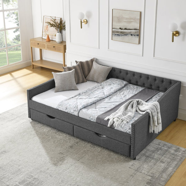 English Elm Queen Upholstery Daybed with Storage Drawers, Tufted Back & Nailhead Arms, 80"x60" Sleeper, 500lb Capacity DARK GREY W1413S00034